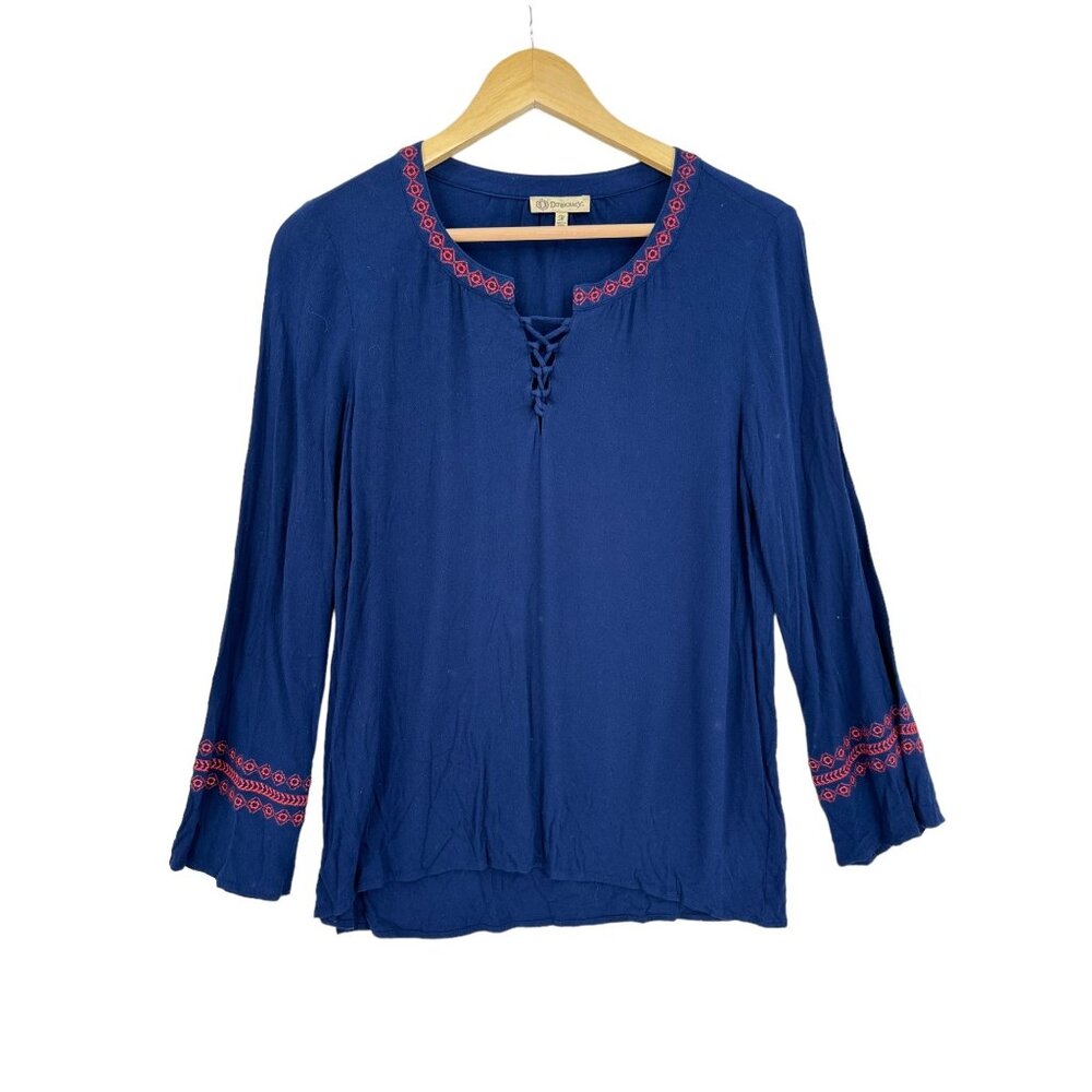 Democracy Top Shirt Blouse‎ Womens Size M Boho Peasant Embroidered Lace Up